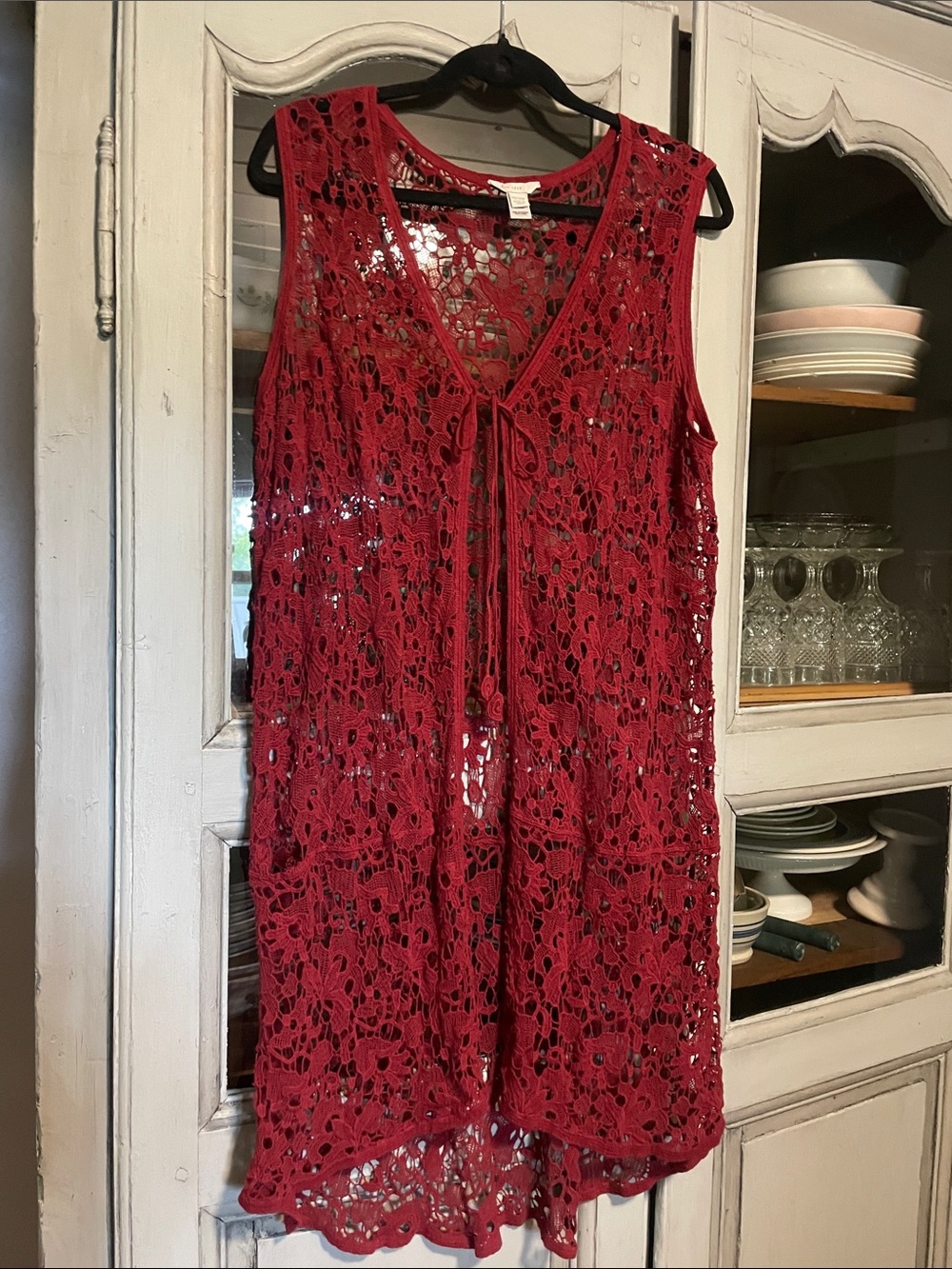 Crochet Tie-Front Sleeveless Vest in Rich Red